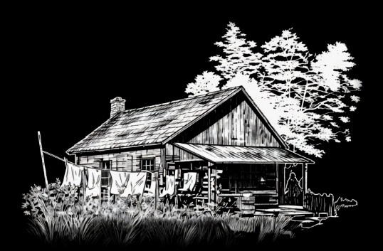 Sketch of a cabin with laundry on the line and tall pines